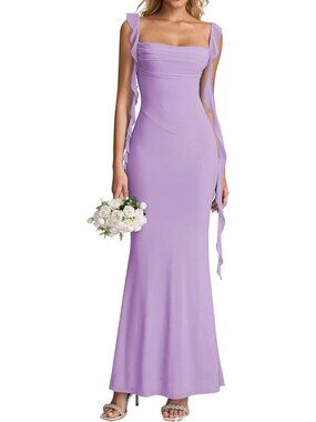 Women's Lavender Boat Neck Elegant Ruffle Bodycon Formal Cocktail Maxi Dress